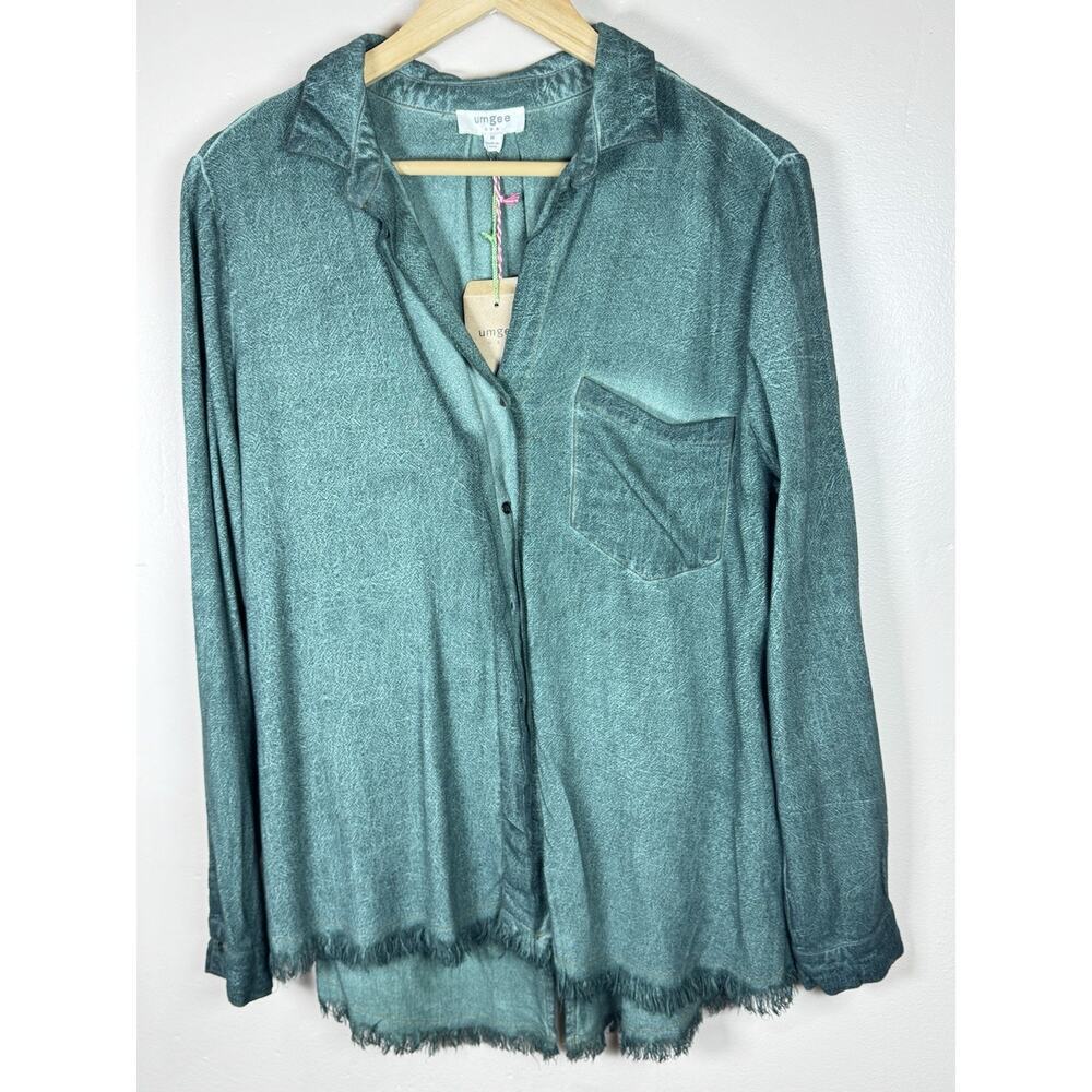 NWT Umgee Womens Button Down Tunic Top Green Fringe Linen Cotton M